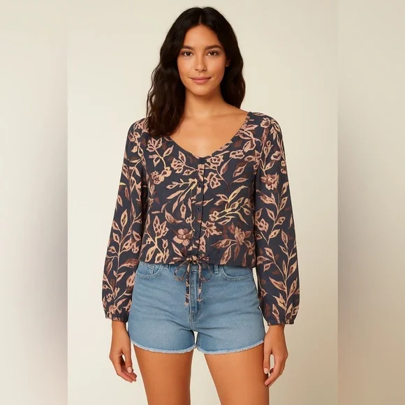 Roxy Abstract Floral Button-Front Tie Waist Blouse Size Medium NWT - Picture 2 of 3